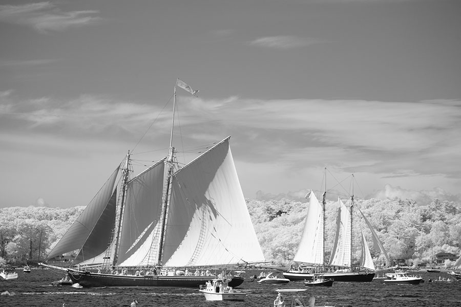 Infrared Photo of Two Schooners Heading on Opposite Courses in Gloucester's Harbour 